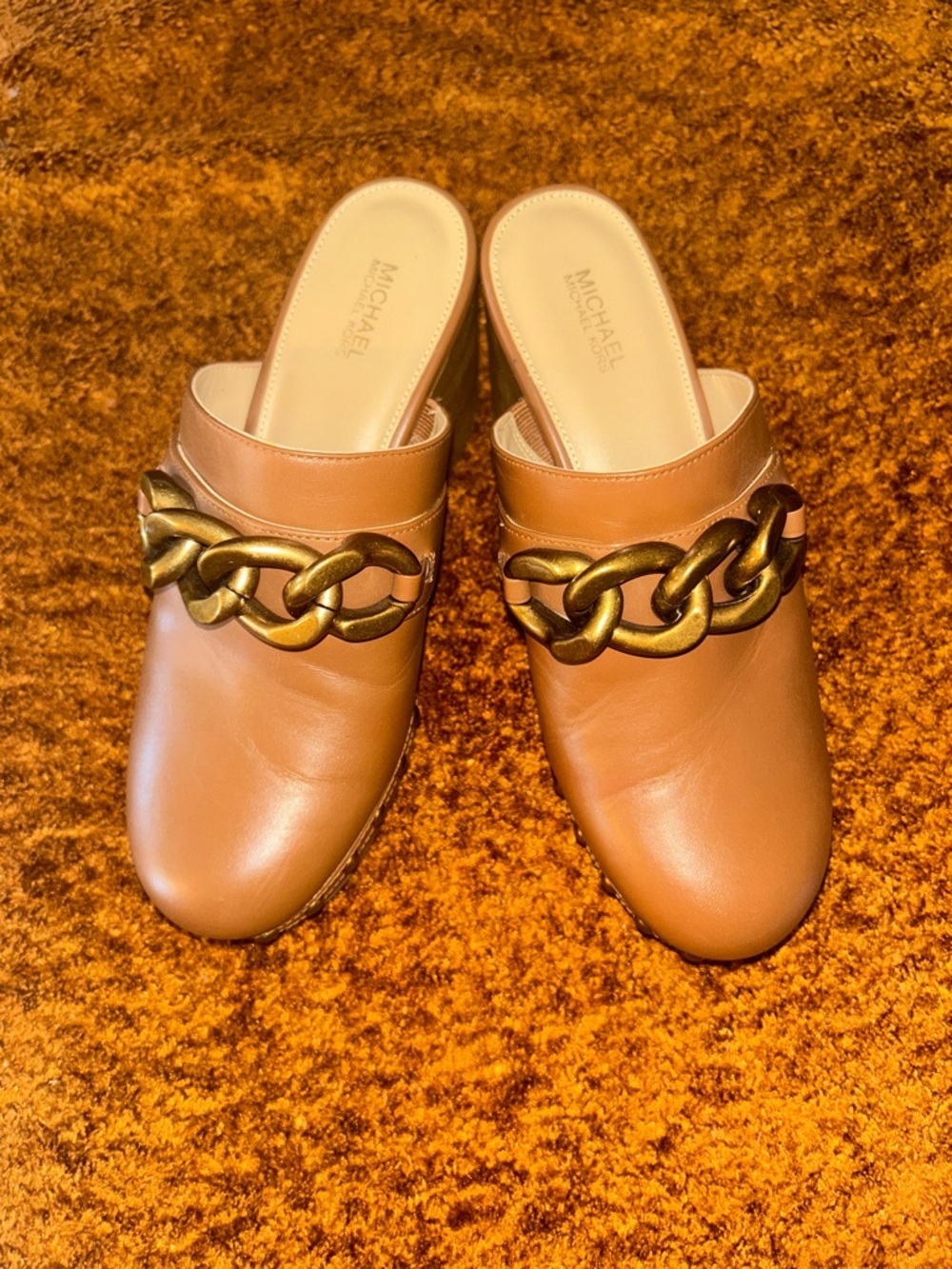 MICHAEL Michael Kors Tan Leather Chain-Trim Mules